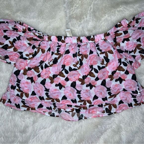 Sz Medium Pink Floral Flower Forever 21 Crop Off Shoulder blouse top - Picture 5 of 7